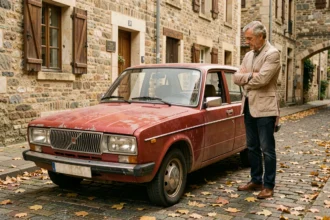 Une LADA 2107 rouge garée dans une rue pavée française avec un homme d'âge mûr qui l'examine d'un air pensif en automne