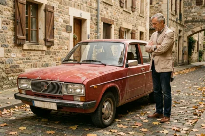 Une LADA 2107 rouge garée dans une rue pavée française avec un homme d'âge mûr qui l'examine d'un air pensif en automne