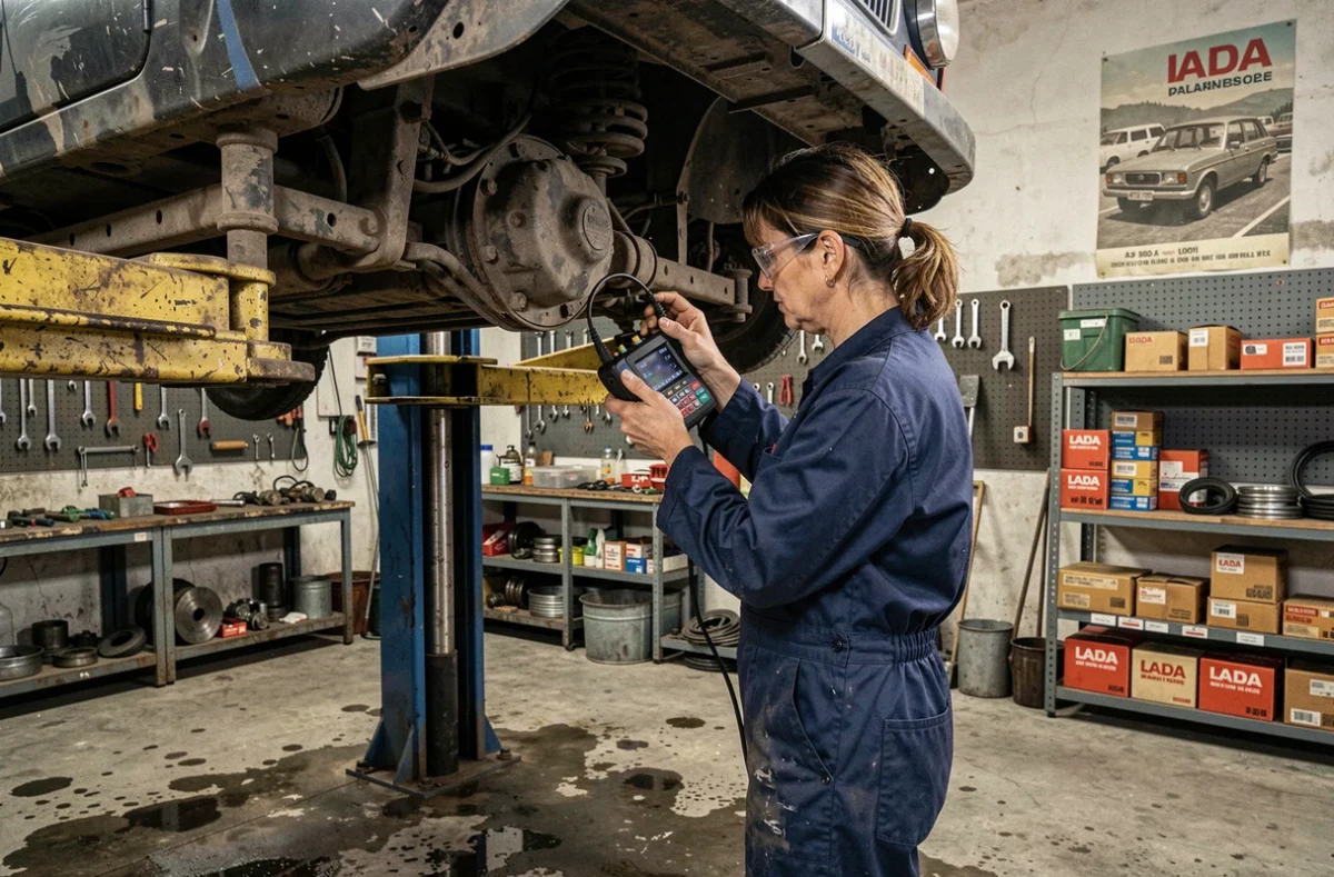 Mécanicienne inspectant le dessous d'une LADA Niva dans un atelier de mécanique spécialisé en véhicules d'Europe de l'Est