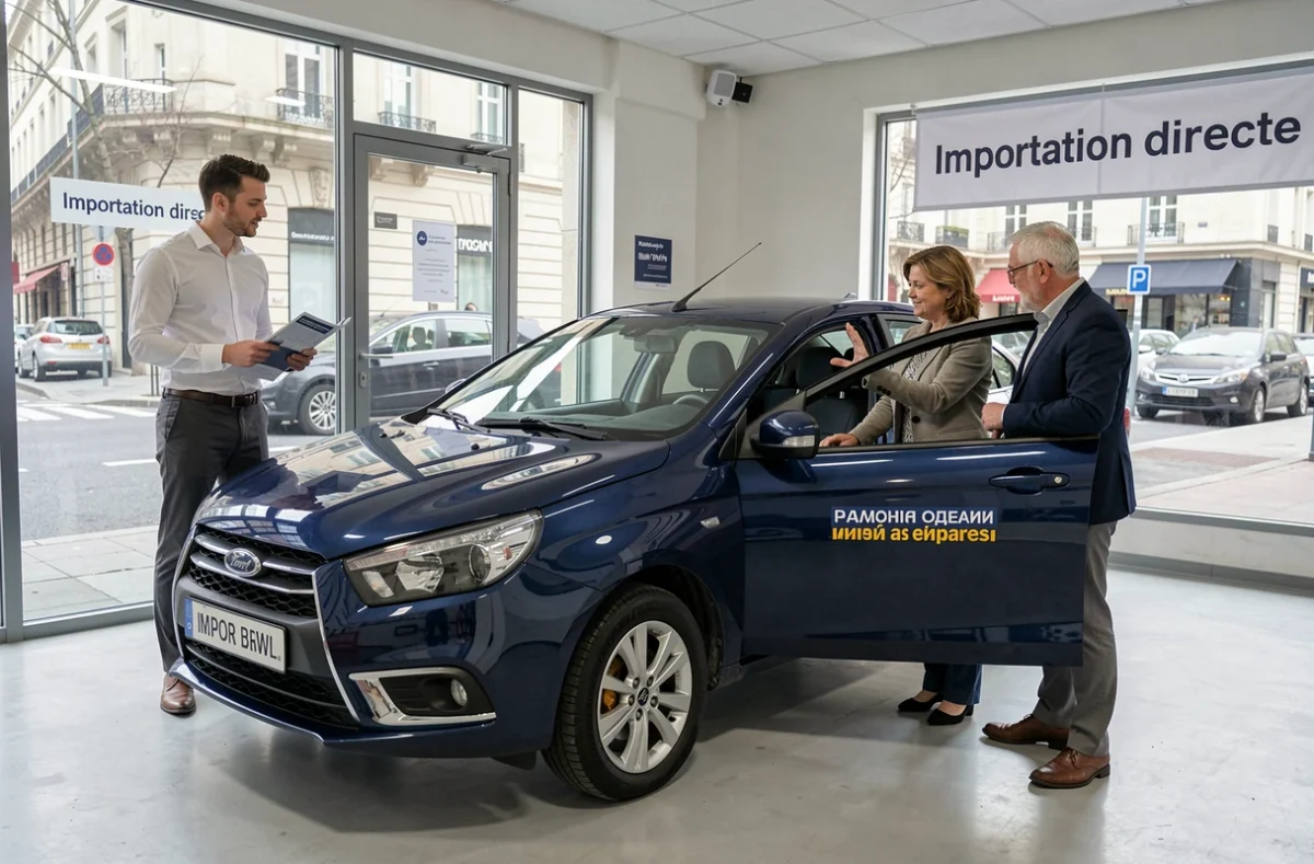 Une LADA Vesta bleue exposée dans un showroom d'importation automobile français avec un vendeur et un couple de clients