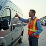 Livreur pointant le toit du van Trafic dans un centre logistique