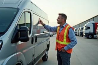 Livreur pointant le toit du van Trafic dans un centre logistique