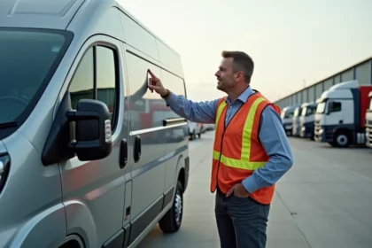 Livreur pointant le toit du van Trafic dans un centre logistique