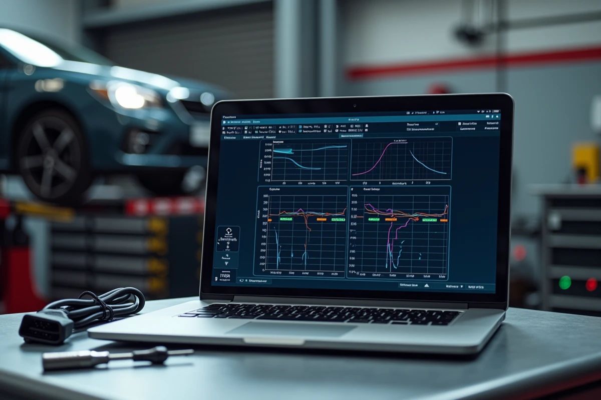 Écran d'ordinateur affichant un logiciel de cartographie moteur ECU lors d'une reprogrammation dans un atelier de tuning automobile