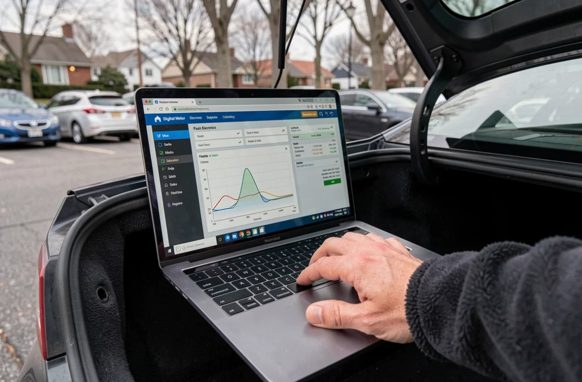 Écran d'ordinateur portable affichant les données de diagnostic DME lors d'un contrôle de voiture d'occasion