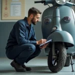 Mécanicien effectuant un contrôle technique sur un scooter dans un garage agréé