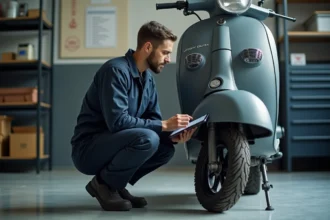 Mécanicien effectuant un contrôle technique sur un scooter dans un garage agréé