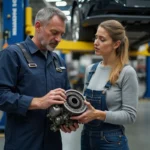 Mécanicien homme expliquant un moteur à une femme dans un atelier