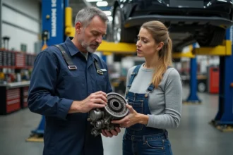 Mécanicien homme expliquant un moteur à une femme dans un atelier