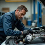 Mécanicien inspectant un moteur TCe turbocompressé dans un atelier automobile professionnel