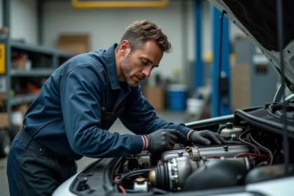 Mécanicien inspectant un moteur TCe turbocompressé dans un atelier automobile professionnel