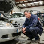 Mécanicien inspectant le moteur d'une voiture essence fiable dans un garage professionnel