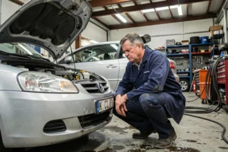 Mécanicien inspectant le moteur d'une voiture essence fiable dans un garage professionnel