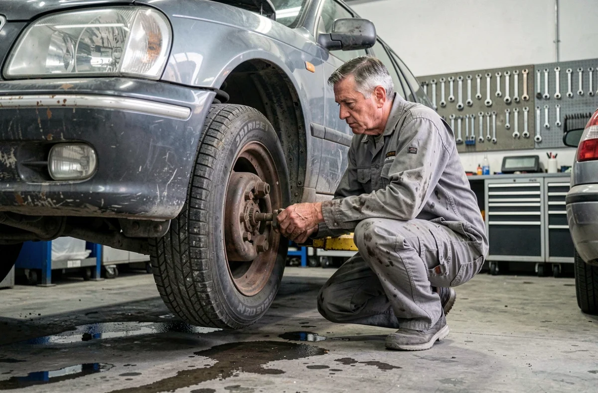 Mécanicien inspectant le dessous d'une vieille voiture de plus de dix ans soulevée dans un garage automobile professionnel