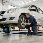 Mécanicien inspectant une voiture familiale fiable dans un garage de concessionnaire moderne