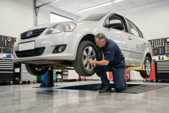 Mécanicien inspectant une voiture familiale fiable dans un garage de concessionnaire moderne