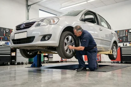Mécanicien inspectant une voiture familiale fiable dans un garage de concessionnaire moderne