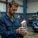 Mécanicien lisant l'étiquette d'une bouteille d'huile moteur dans un garage automobile pour Peugeot 208 essence