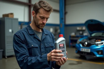 Mécanicien lisant l'étiquette d'une bouteille d'huile moteur dans un garage automobile pour Peugeot 208 essence