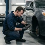Mécanicien professionnel examinant une plaquette de frein EBC dans un atelier automobile
