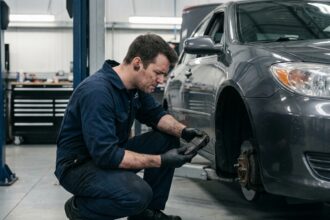 Mécanicien professionnel examinant une plaquette de frein EBC dans un atelier automobile