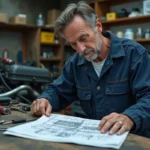 Mécanicien homme en overalls bleu étudiant un diagramme moteur