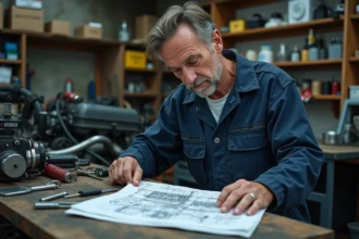 Mécanicien homme en overalls bleu étudiant un diagramme moteur