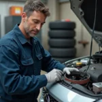 Mécanicien homme examine la courroie de distribution d'une voiture