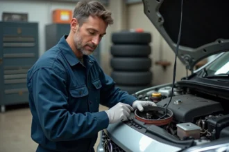 Mécanicien homme examine la courroie de distribution d'une voiture