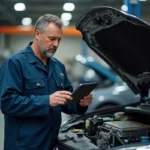 Mécanicien homme en atelier vérifiant un diagnostic automobile
