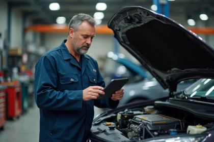 Mécanicien homme en atelier vérifiant un diagnostic automobile