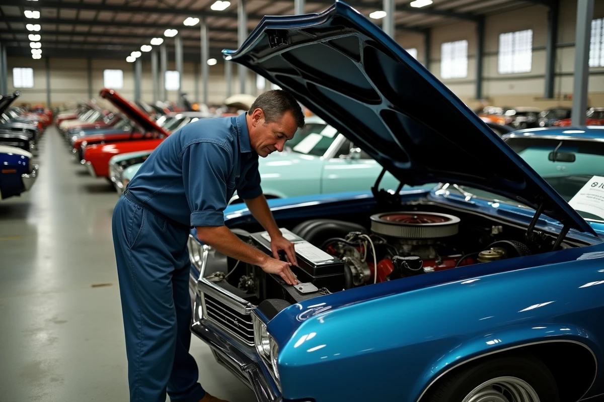 Mécanicien inspectant le moteur d'une Impala 1967 bleue lors d'une vente aux enchères de voitures classiques