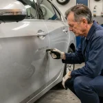 Mécanicien examinant le numéro VIN gravé sur le montant de portière d'une voiture dans un atelier automobile