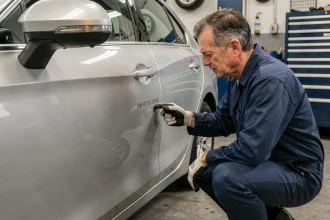 Mécanicien examinant le numéro VIN gravé sur le montant de portière d'une voiture dans un atelier automobile