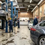 Vue panoramique d'un garage automobile parisien avec mécaniciens au travail sur plusieurs véhicules
