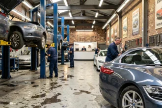 Vue panoramique d'un garage automobile parisien avec mécaniciens au travail sur plusieurs véhicules