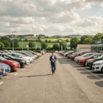 Vue panoramique d'un grand parking de vente de voitures d'occasion dans les Pays de la Loire avec des rangées de véhicules multimarques