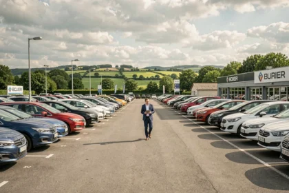 Vue panoramique d'un grand parking de vente de voitures d'occasion dans les Pays de la Loire avec des rangées de véhicules multimarques