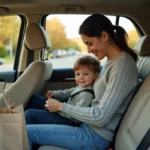 Mère attachant la ceinture de sécurité de son enfant dans un SUV familial moderne, vue intérieure réaliste