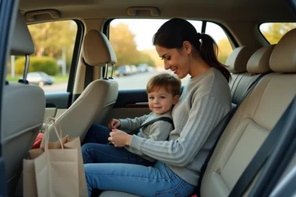 Mère attachant la ceinture de sécurité de son enfant dans un SUV familial moderne, vue intérieure réaliste