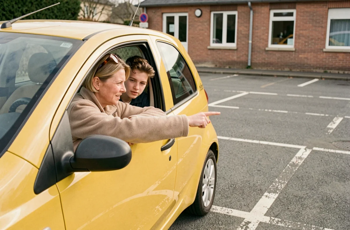 Monitrice d'auto-école expliquant les commandes d'une voiture sans permis à un jeune élève conducteur