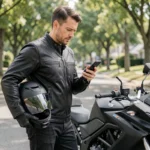 Motard debout à côté de sa moto dans une rue résidentielle, consultant son smartphone pour comparer des offres d'assurance au kilomètre