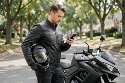 Motard debout à côté de sa moto dans une rue résidentielle, consultant son smartphone pour comparer des offres d'assurance au kilomètre