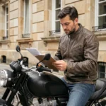 Motard à Dijon consultant des documents d'assurance moto sur fond de façade bourguignonne en pierre