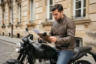 Motard à Dijon consultant des documents d'assurance moto sur fond de façade bourguignonne en pierre