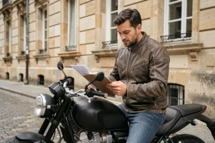 Motard à Dijon consultant des documents d'assurance moto sur fond de façade bourguignonne en pierre