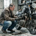 Motard inspectant sa moto garée dans un garage en hiver, illustration assurance moto hivernale