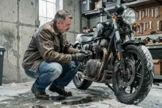 Motard inspectant sa moto garée dans un garage en hiver, illustration assurance moto hivernale