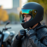 Jeune motard homme avec casque miroir urbain
