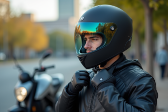 Jeune motard homme avec casque miroir urbain